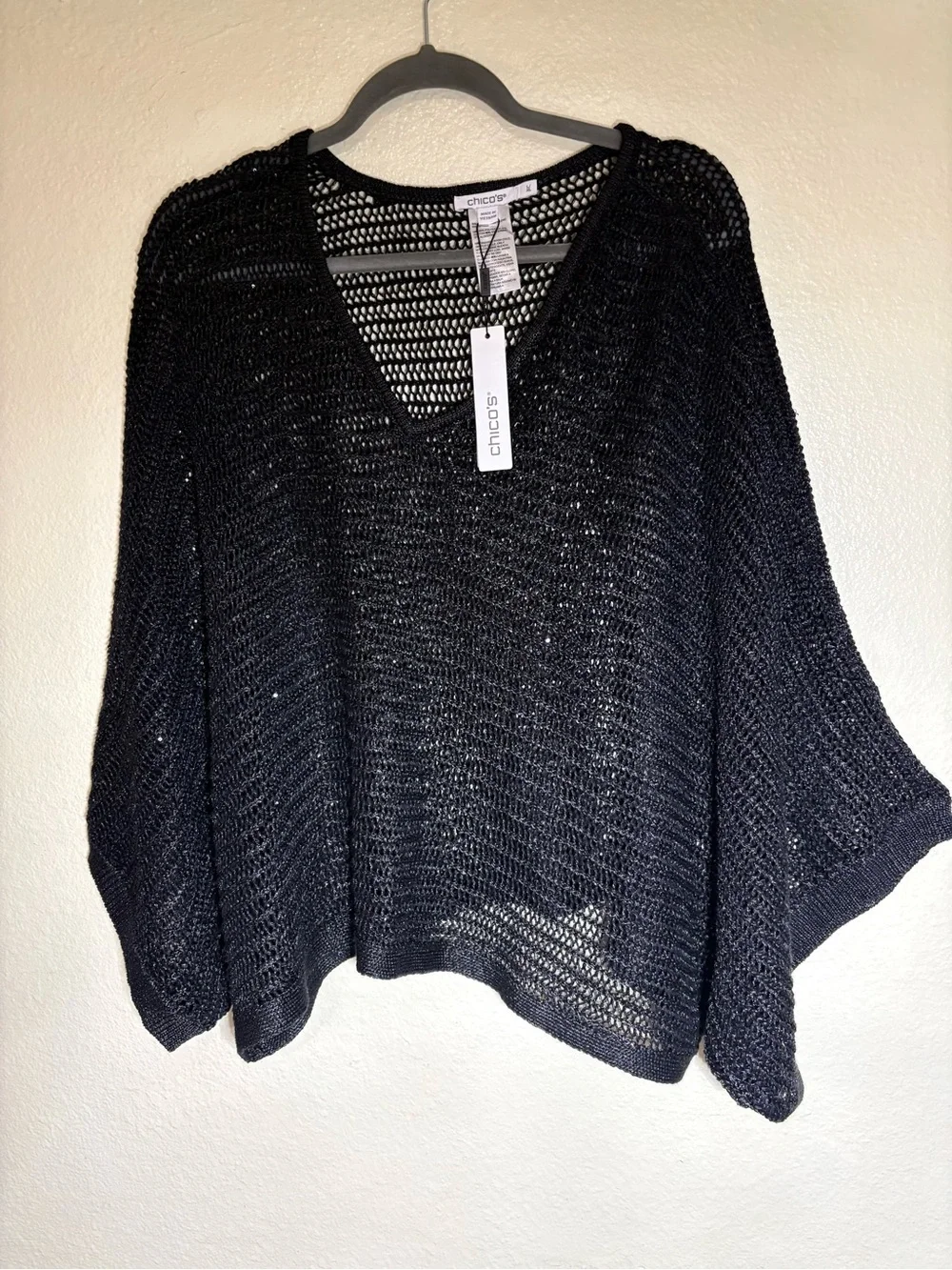 Chico's Black Open Knit V-Neck Sweater - Picture 1 of 9